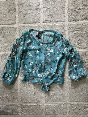 BCX Teal Floral  Tie-Hem Blouse